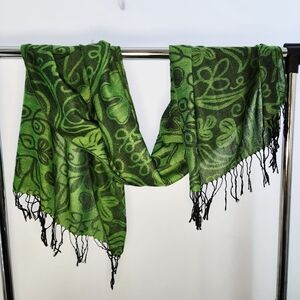 Green Floral Scarf with Fringe